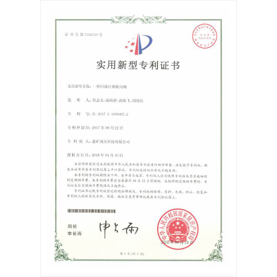 一種回液自鎖換向閥實(shí)用新型專(zhuān)利證書(shū)