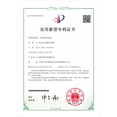 一種反沖洗過濾器實用新型專利證書